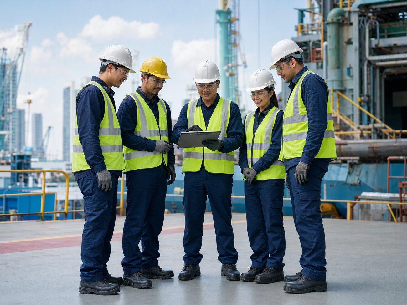 Industrial workforce team reviewing work information